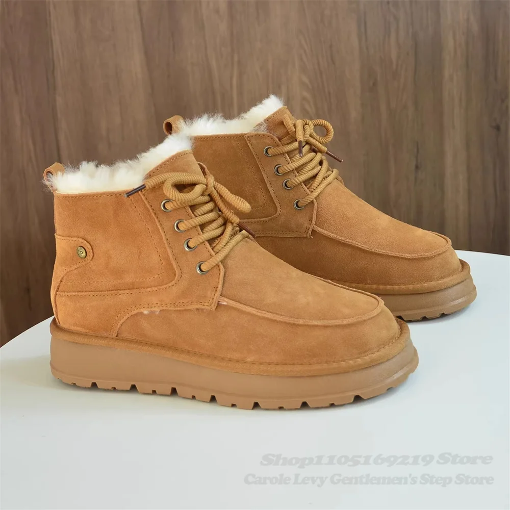 Sheepskin Wool Integrated Snow Boots for Men 2026 Winter New Leather Lace Up High Top Height Increasing Anti Slip Cotton Shoes