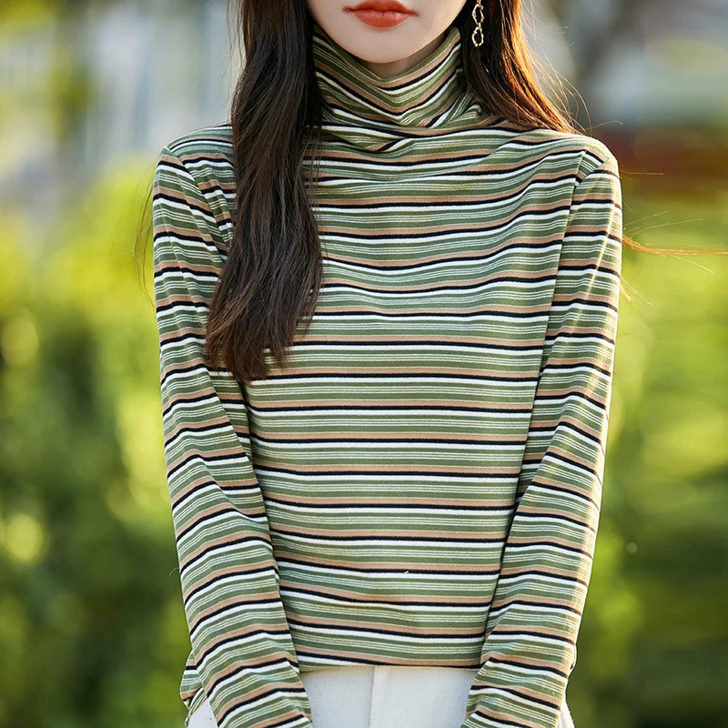 

Autumn Winter DE Velvet Turtleneck Sweater Striped Shirt Female Blouse Casual Simple Loose Basics Soft Warm Knit Pullover Jumper