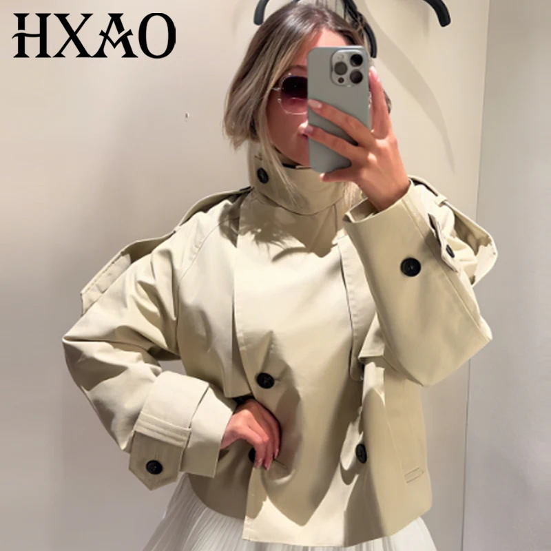 

HXAO Women's Jacket Autumn 2025 Oversized Waterproof Trench Coat Khaki Crop Plus Size Long Sleeve Tops Chic Outdoor Windbreaker