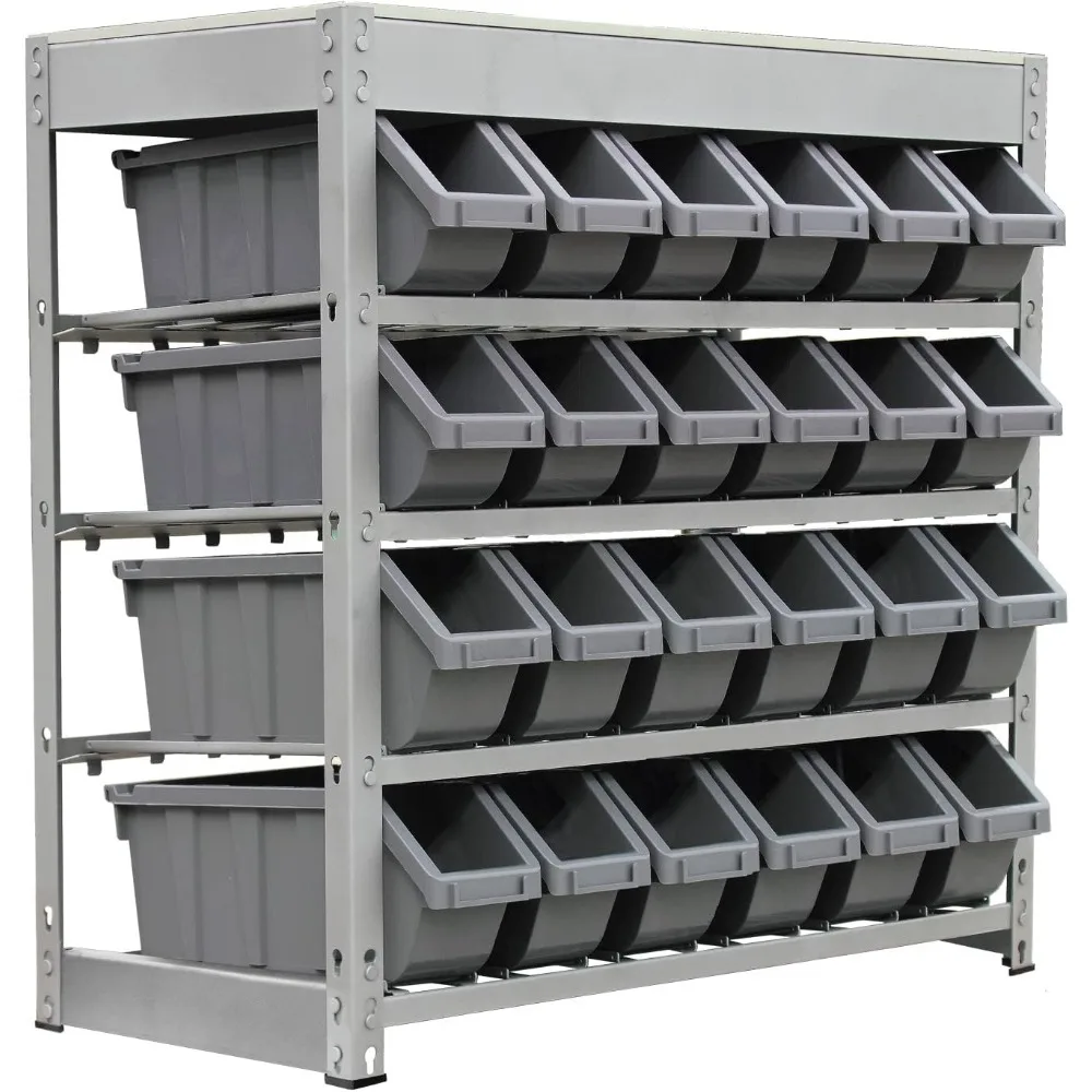 

Rack Bin Rack Boltless Steel Storage System Organizer w/ 24 Plastic Bins in 4 tiers