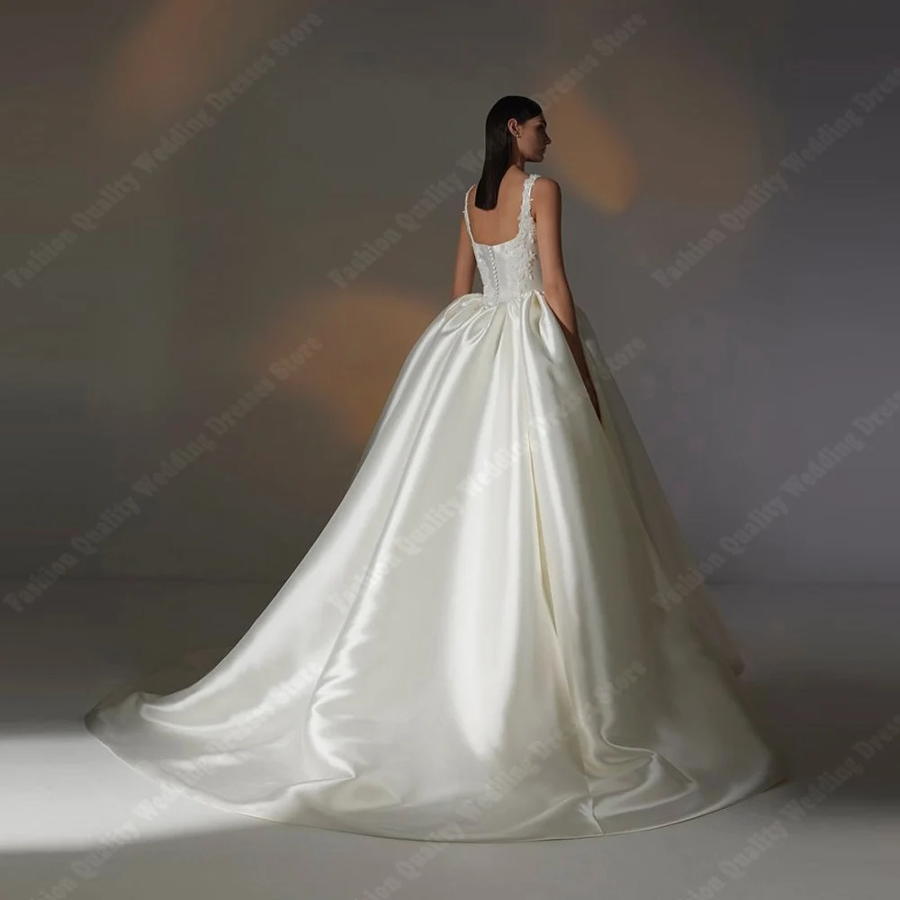 Suknie ślubne 2025 z kwadratowym dekoltem, linia A, eleganckie, błyszczące satynowe suknie dla panny młodej, długość do ziemi, bankietowe Vestidos De Novias, szyte na miarę.