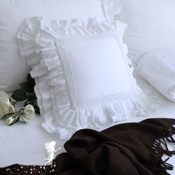 European Embroidered Cushion Cover Princess Ruffle Lace Satin Cotton Pillow Cover Backrest Lumbar Pillow Square Hold Pillow Case