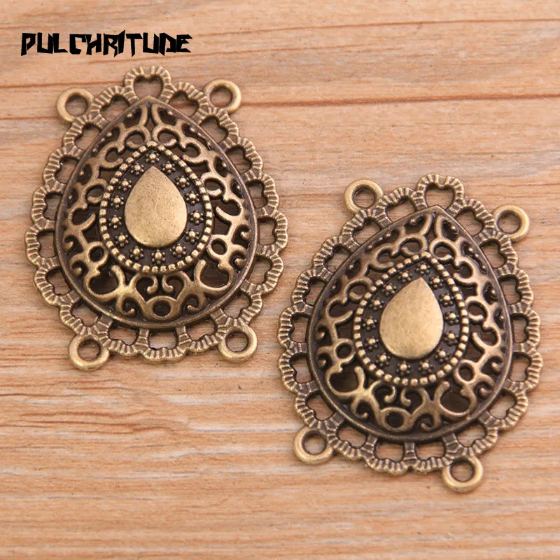 PULCHRITUDE 4pcs 31*39mm Retro Two Color Zinc Alloy Hollow Waterdrop Pendants Connectors Linker For DIY Charm Jewelry Accessorie