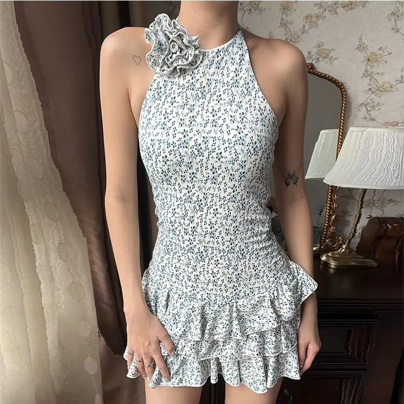 

Spicy Backless Halter Neck Camisole Dress Summer Printed Slim-fit Cake Skirt Waist-cinching Short Skirt