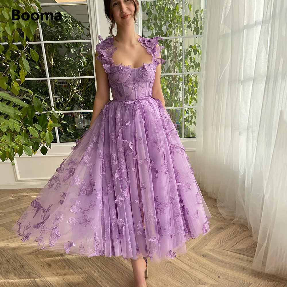 Booma Purple Butterfly Lace Midi Prom Dresses Strapless Sleeveless Tea-Length A-Line Wedding Party Dresses Formal Evening Gowns