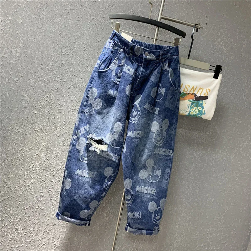 Celana Jeans Robek Mickey Kartun Disney Celana Harem Pelangsing Longgar Baru Musim Semi Musim Panas Wanita Pakaian Jalanan Wanita Pakaian Fashion Korea