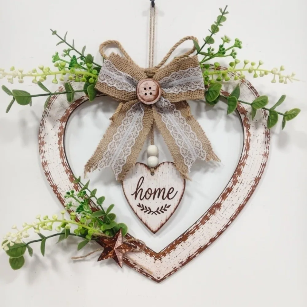 Creative Vintage Heart Shaped Wall Decor Rustic Artificial Plant Wall Hanging Sign Romantic Bow Knot Heart Wall Decor Farmhouse