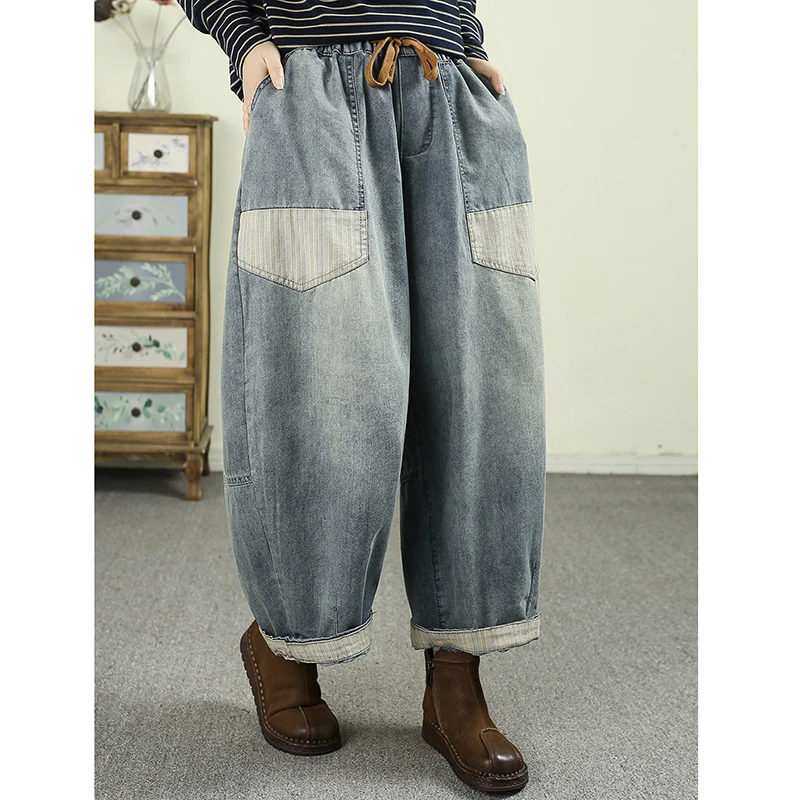 

Новинка 2026 года: Женские джинсовые брюки-шаровары из хлопка с карманами и вставками, длина до щиколотки, на резинке, повседневные, свободного кроя Q103