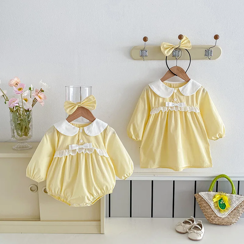 2026 Yellow Baby Girls Dresses Long Sleeve Sister Outfits Autumn Clothes Infant Romper Big Sister Little Sister Matching Outfit - view 4