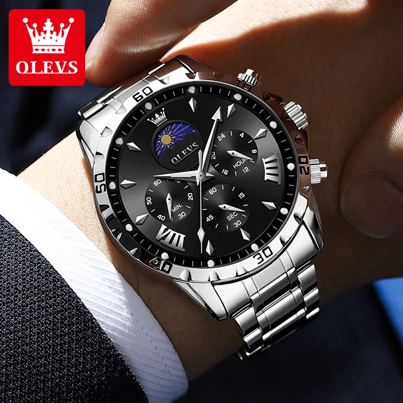 OLEVS 2949 Original Men\'s Watches Exclusive Design Chronograph Moon Phase Waterproof Leather strap Trend Male Wristwatches