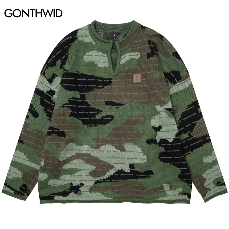 Vintage Oversize Sweater Y2K Grunge Knitted Camouflage Camo Jumper Streetwear Hip Hop Punk Gothic Baggy V-Neck Pullover Sweaters