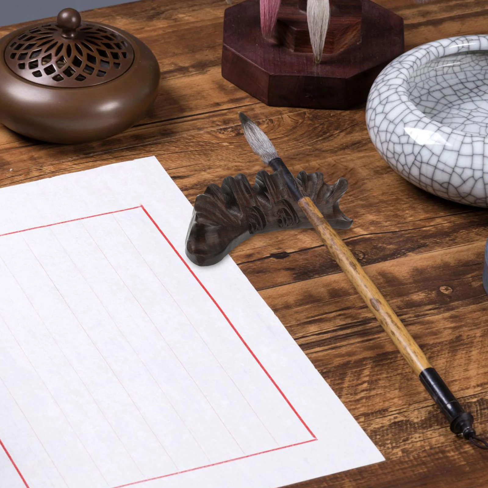 

1Pcs Solid Ebony Pen Shelf Gloss Finish Desktop Stationery Supply Writing Brush Holder Paperweight Pen Holder