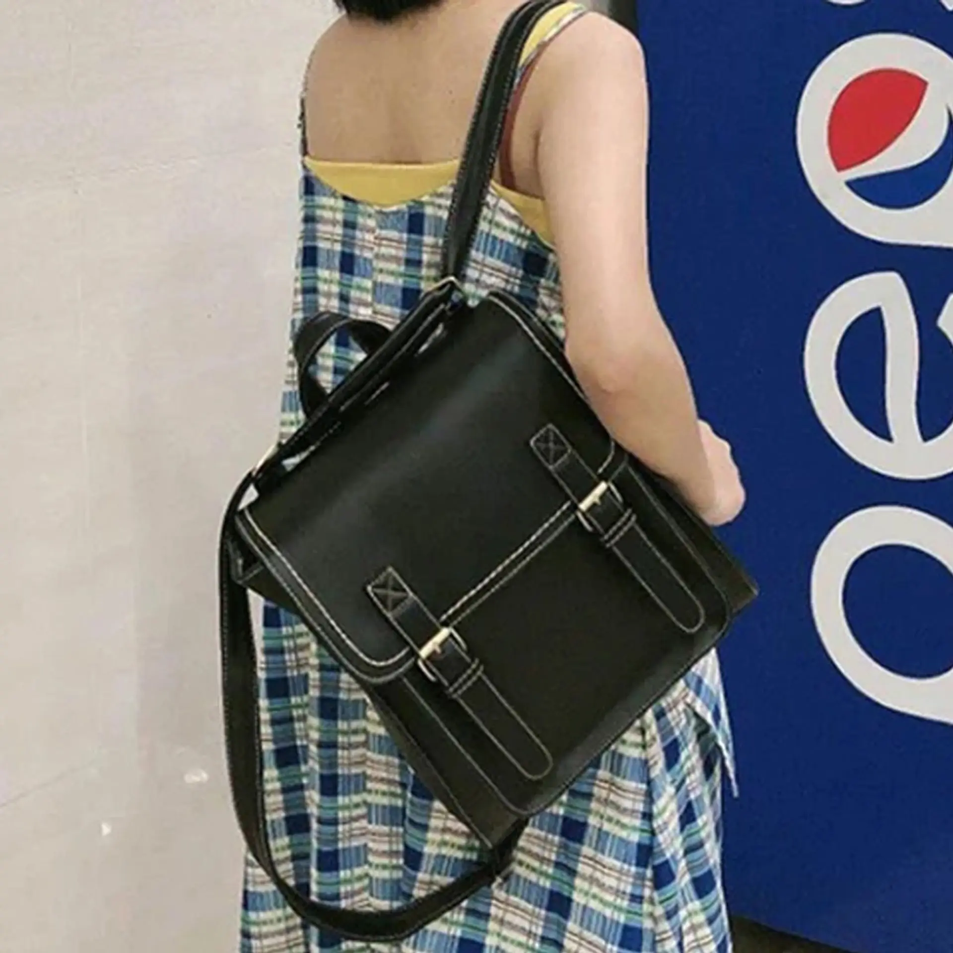 Women PU Leather Backpack Flap School Bag with Buckle Strap and Contrast Stitching Ladies Daily Travel Handbag for Work