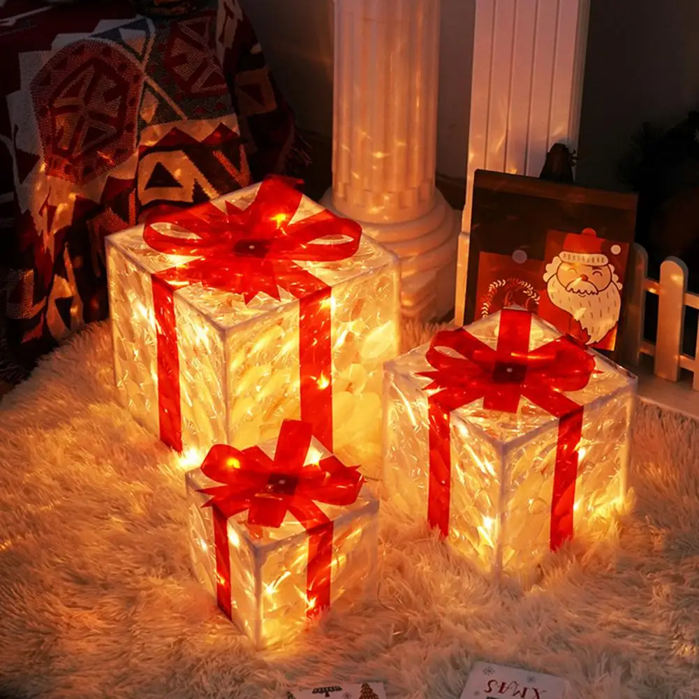 Gift Box Led Christmas Gift Boxes Festive Atmosphere Decor for Indoor Outdoor Xmas Present Reusable Light Up Cube with Bow Top