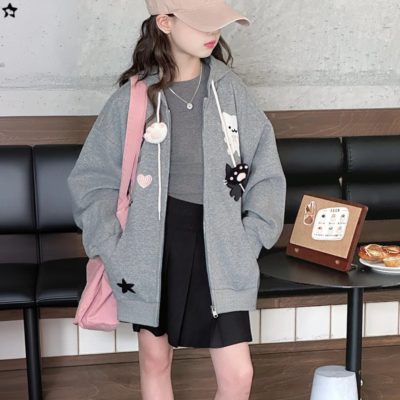 

School Girls Two-piece Sets Autumn Fashion Cartoon Printed Zipper Hooded Coat+Solid Skirt Children Girls Outfit 4-14Y Girls Suit