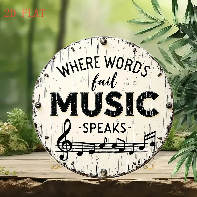 [2D Flat] Letrero de pared de aluminio redondo de 8 pulgadas, "Where Words Fail Music Speaks", con notas musicales, decoración rústica de metal para el hogar, 1 ud.