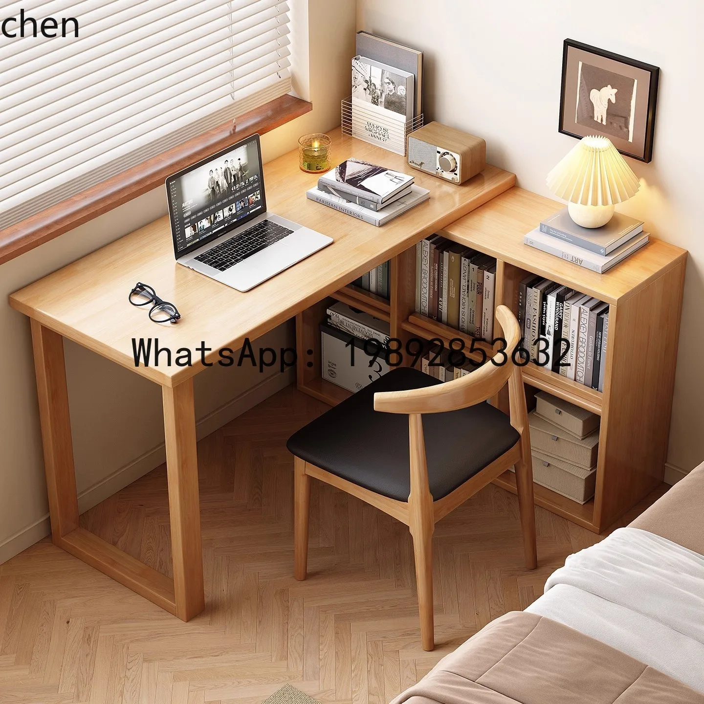 

solid wood corner desk with built-in bookshelf - corner wall-mounted workstation