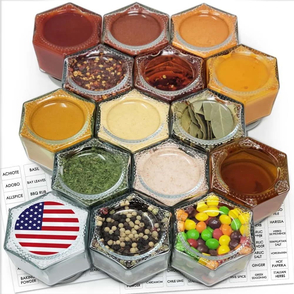 

15 Set Magnetic Spice Jars - Large 4 oz Refrigerator Hexagon Glass Spice Containers with Magnetic Lids and Shaker Spice Labels f