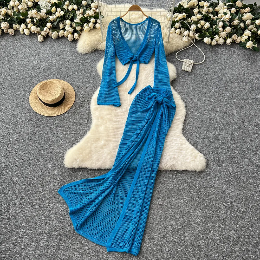 Sexy Crochet 2 Piece Cut Out Long Sleeve Backless Tie Up Top Long Skirt Set Club Knit Beach Dress Outfit Bikini Cover-ups