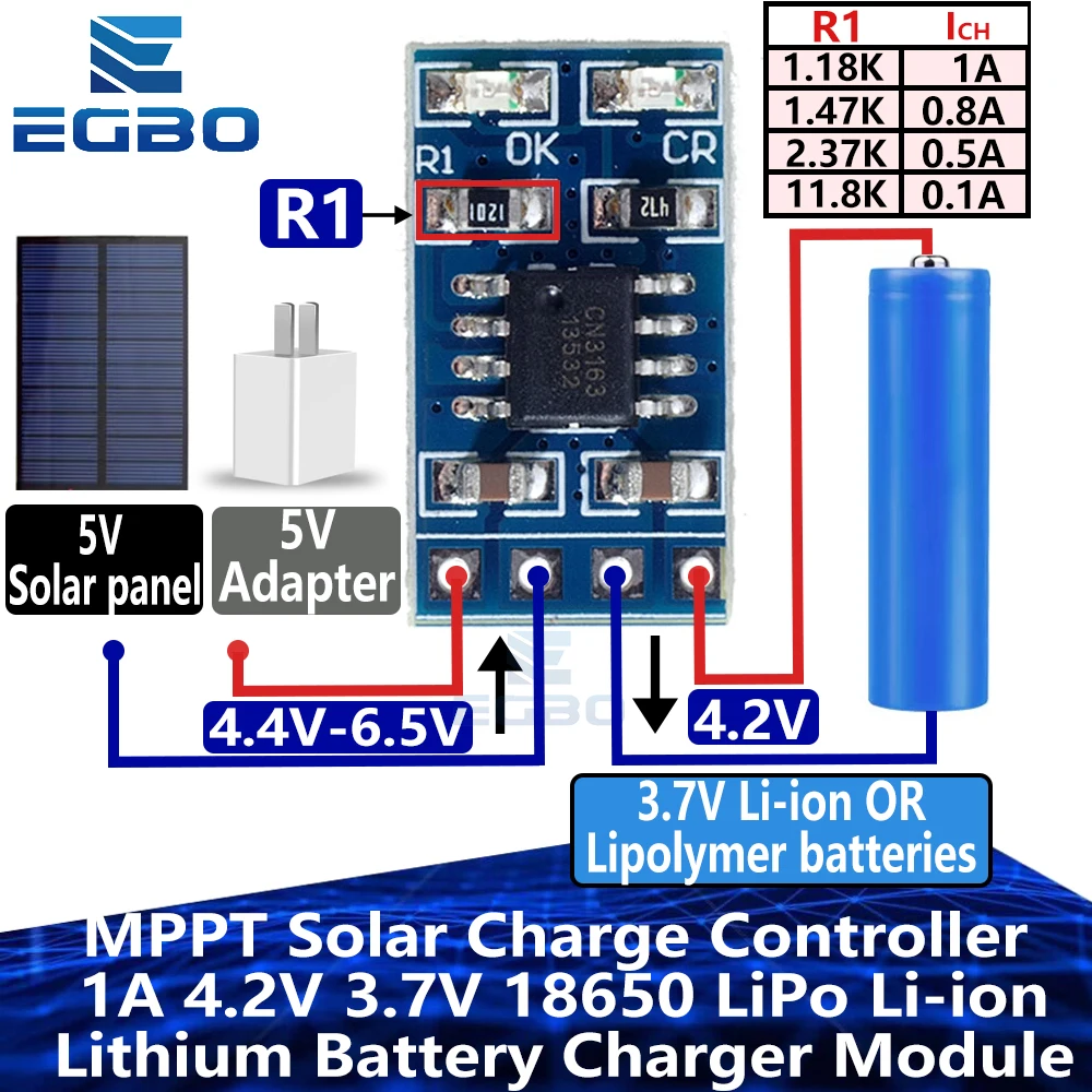 5PCS MPPT 1A 4.2V 3.7V 18650 LiPo Li-ion Lithium Battery Charger Module Solar Panel Battery Charging SD05CRMA