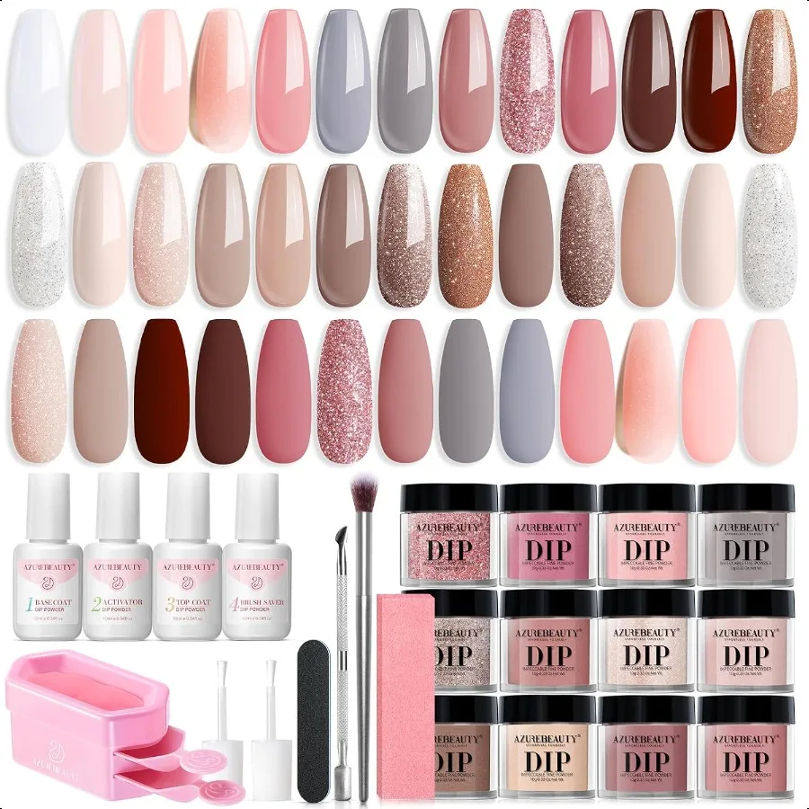 

31 Pcs Dip Powder Nail Kit 20 Colors Glitter Nude Brown Pink White Gray Dip Powder Liquid Set with Top Base Coat Activator for