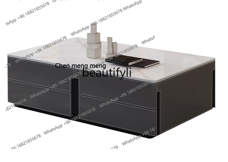 

Italian light luxury TV cabinet modern minimalist living room home saddle leather slate floor coffee table TV cabinet