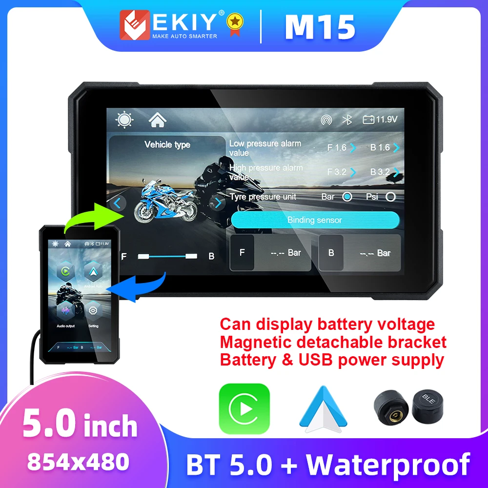 EKIY 5 inch Motorcycle Wireless CarPlay Android Auto Screen