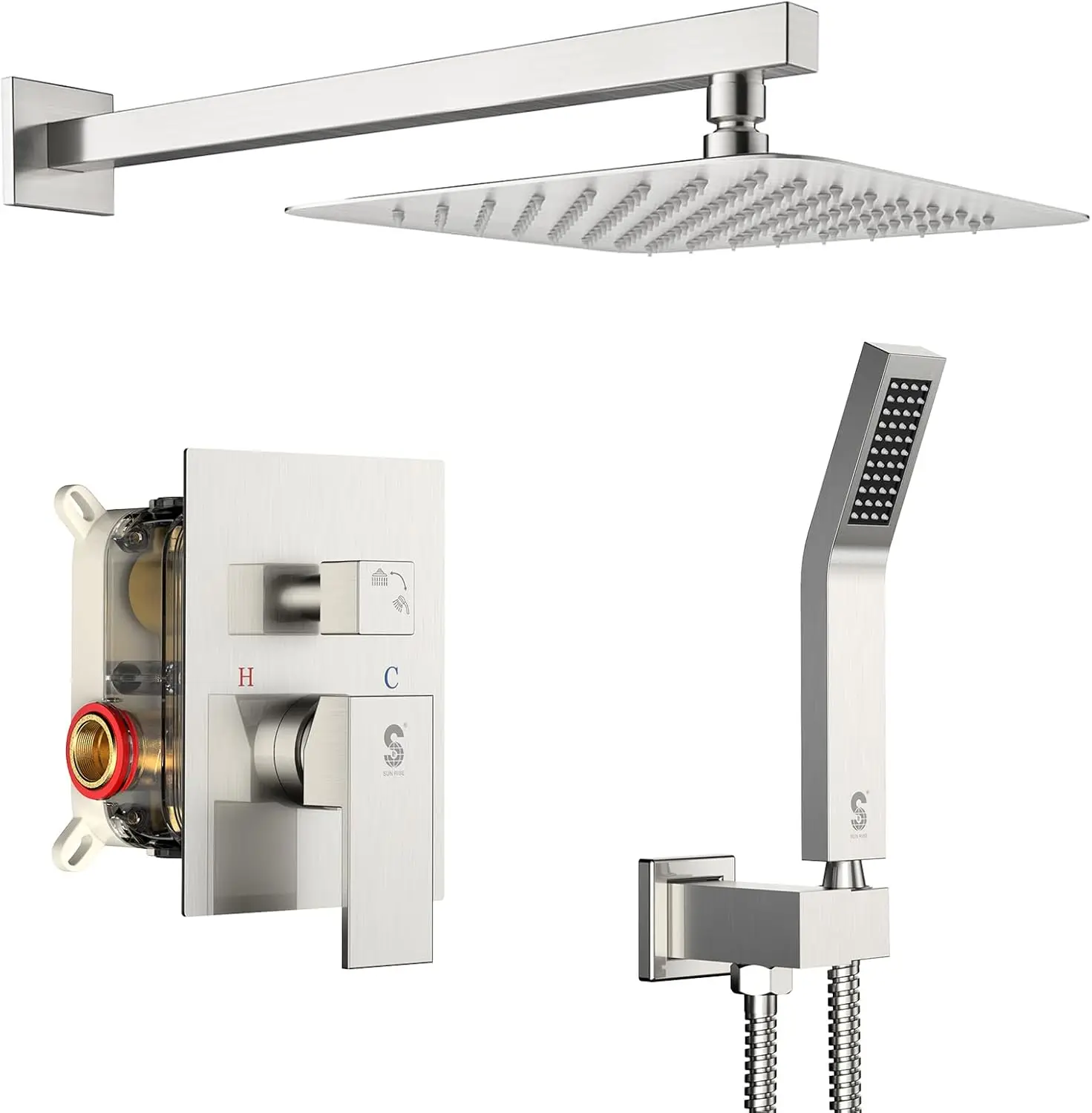 

Square Rain Shower Head Set with Handheld Spray, Wall Mounted in Brushed Nickel, Includes Valve and Accessories