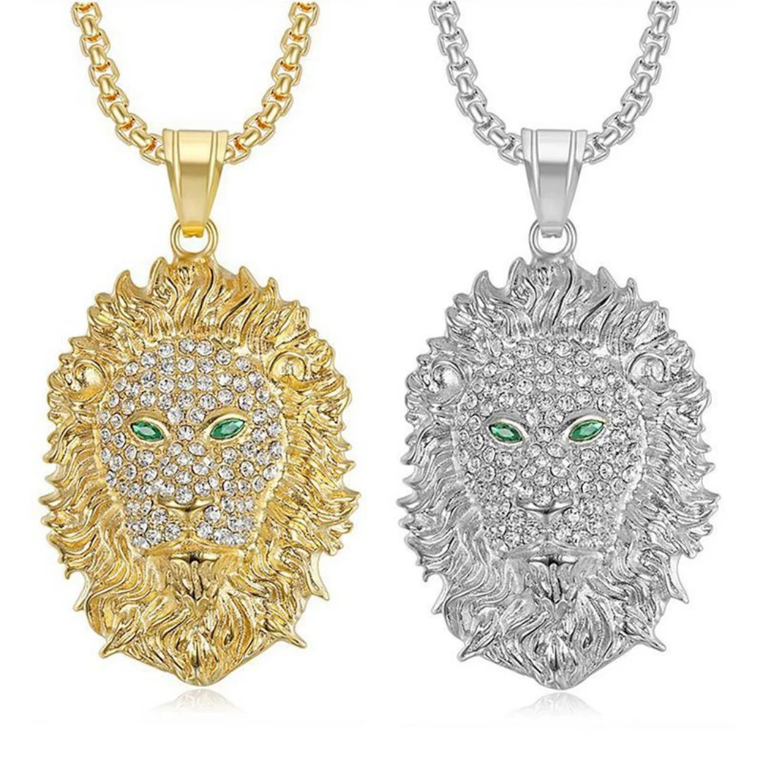 

Vintage Iced Out Green Eye Lion Head Pendant Male Gold Silver Color Stainless Steel Zircon Necklace for Man Cool Fashion Jewelry