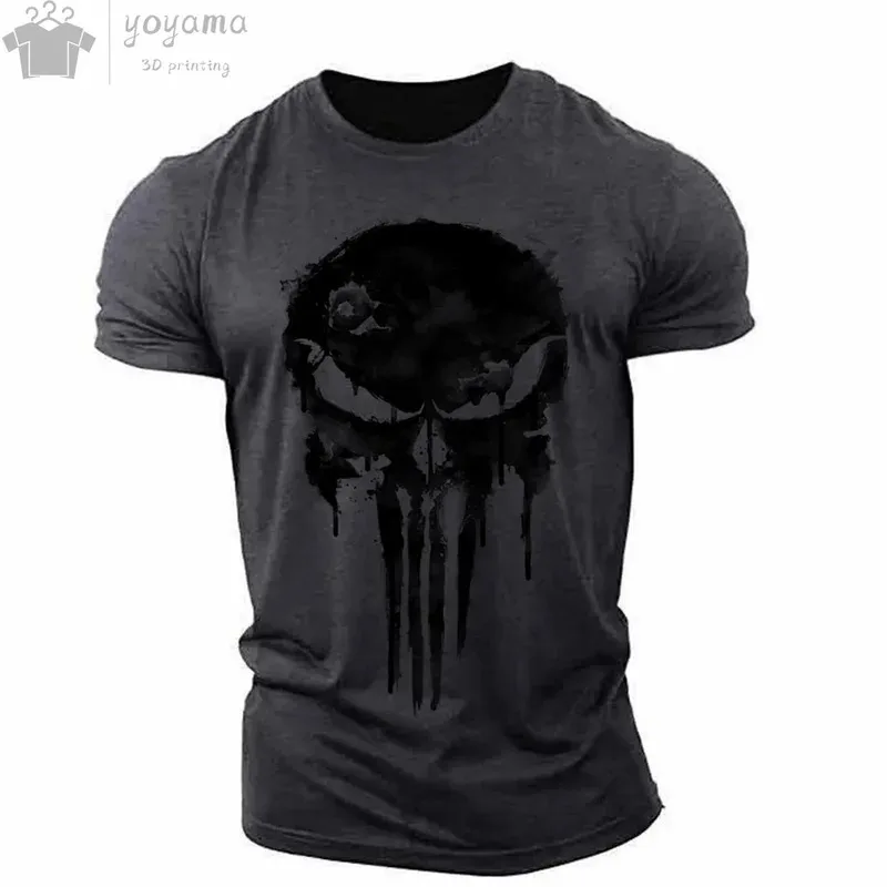 T-shirt pour hommes imprimé en 3D avec crâne militaire patriotique, col rond, T-shirt surdimensionné, T-shirt à manches courtes, haut de sport pour hommes