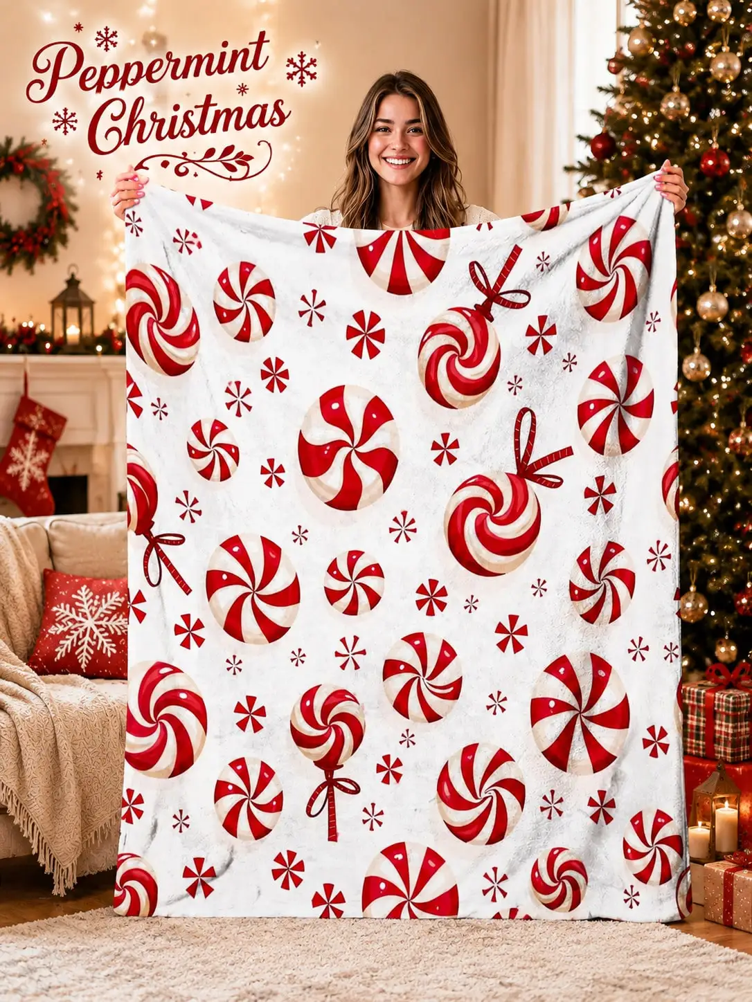 Christmas Flannel Blankets & Throws Peppermint Candy Lollipop Snowflake Design Sofa Bed Couch Home Decor Living Room Bedroom Office Travel Camping Holiday Thanksgiving Anniversary Birthday Gift for Family Friends Couples Parents Coworkers Teachers