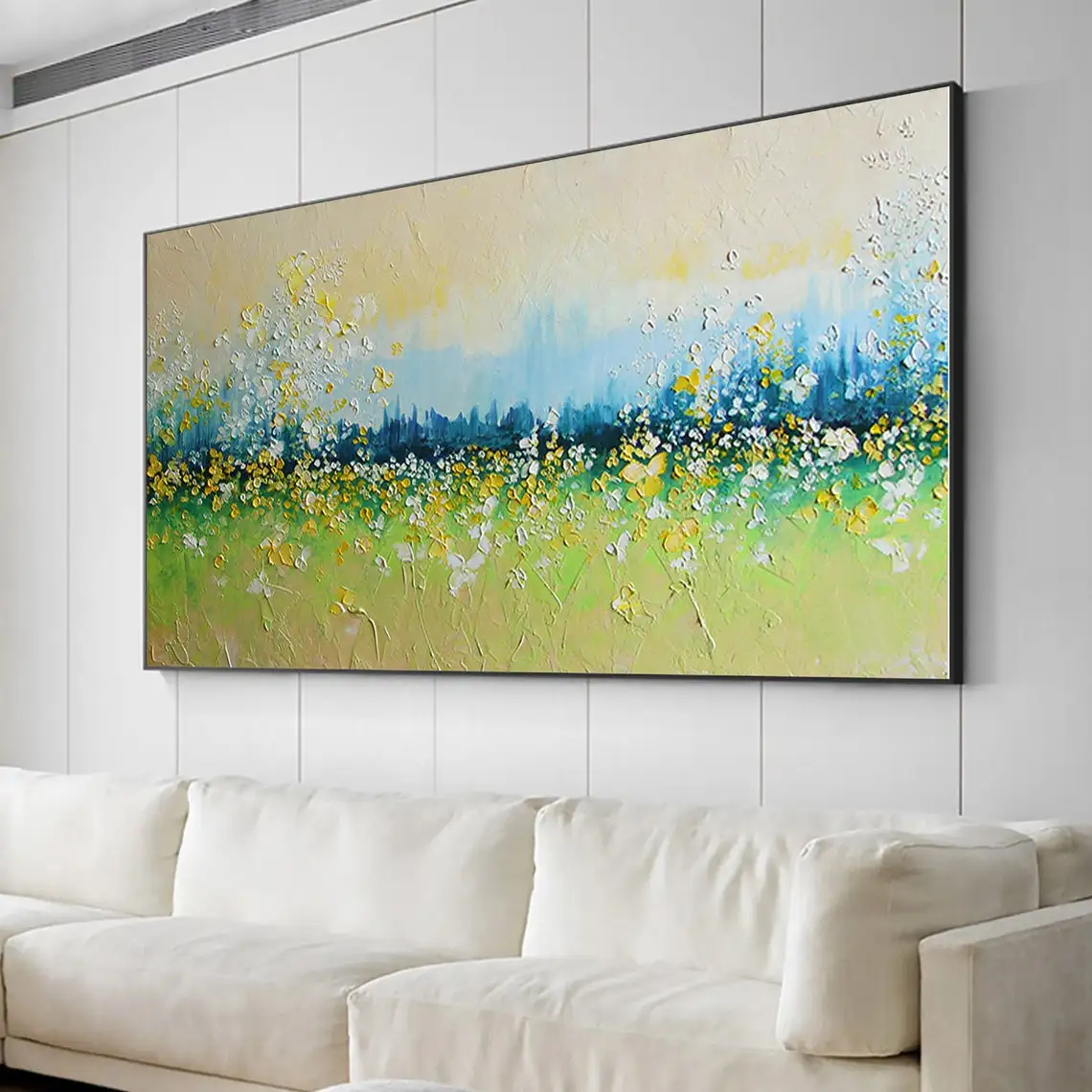 Abstract Spring Field Scenery Canvas Print Green Meadow Wildflower Landscape Wall Art No-Frame Painting for Living Room Decor