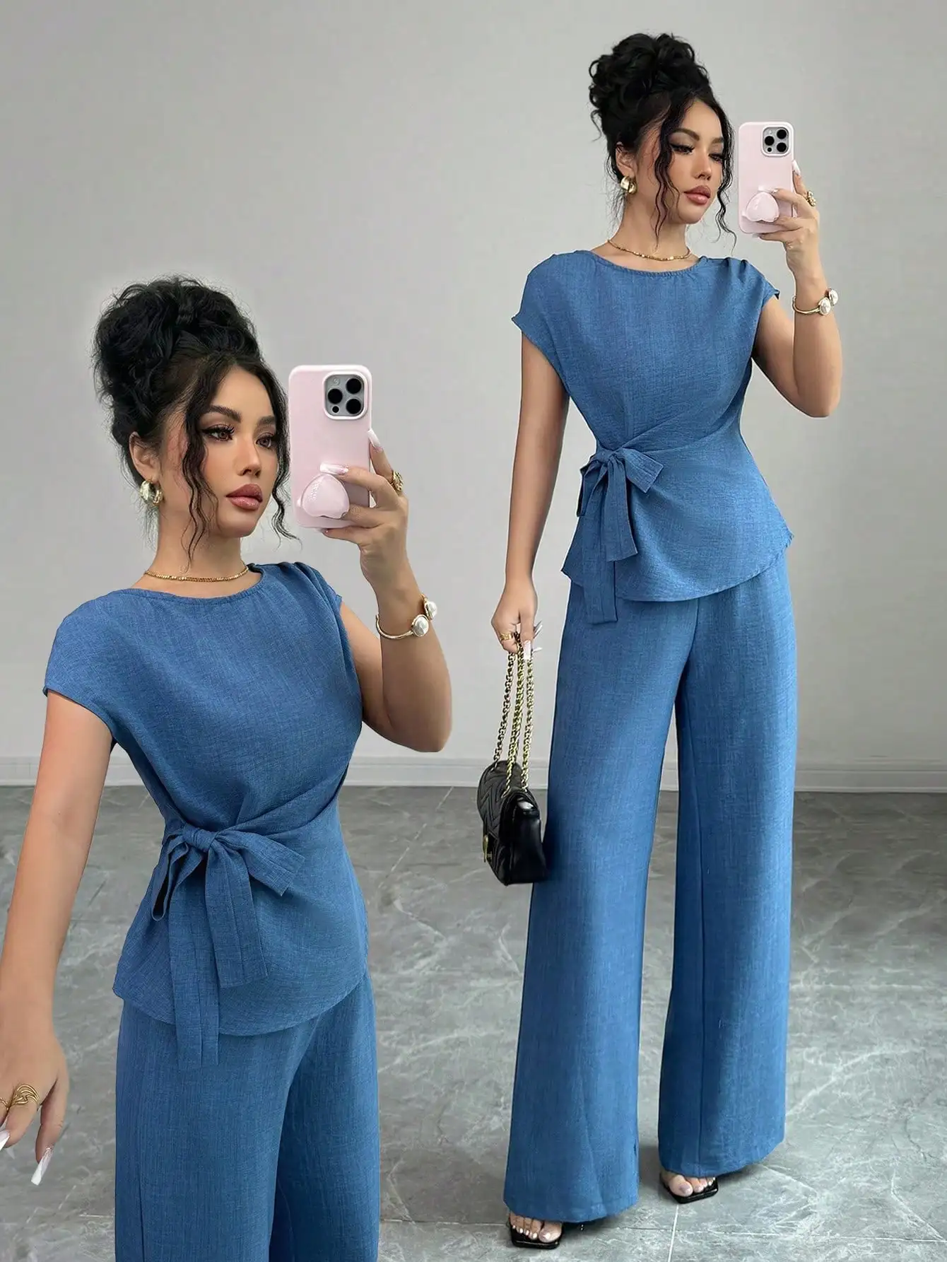 Elenzga Women's Spring/Summer Elegant Commuter Wine Red Pleated Waist Cinched Bow Tie + Women's Spring/Summer Elegant Commuter Casual Wine Red Leaf Print Waist Cinched Double Pocket Design Loose Slightly Wide Leg Long Pants