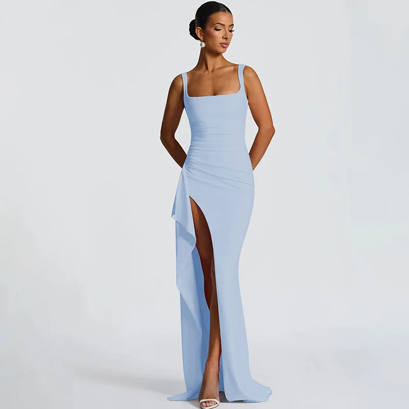 Damen Bodycon Abendkleid, Spaghetti-Träger Quadratischer Ausschnitt Schlitz Midi-Kleid Sexy Formelles Ballkleid Partykleider – Detail 19