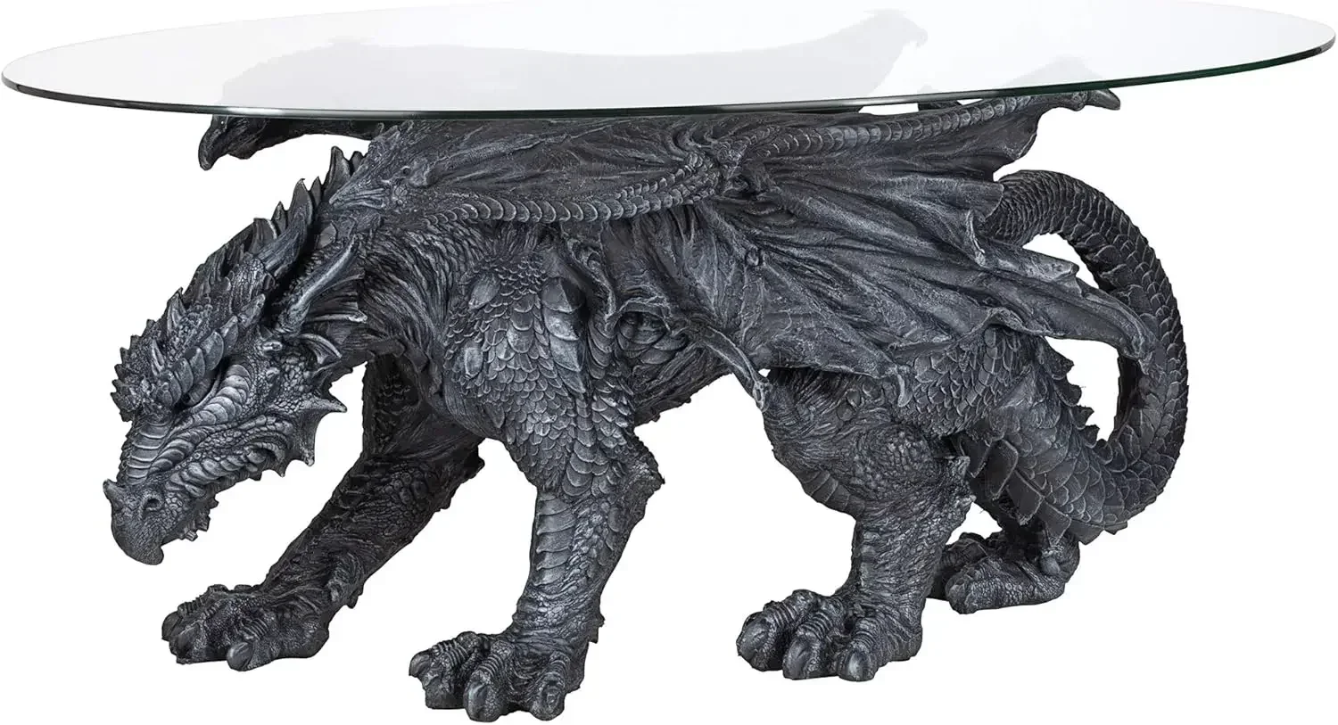 Warwickshire Dragon Gothic Decor Glass Topped Coffee Table, 39 Inch, Polyresin, Grey Stone