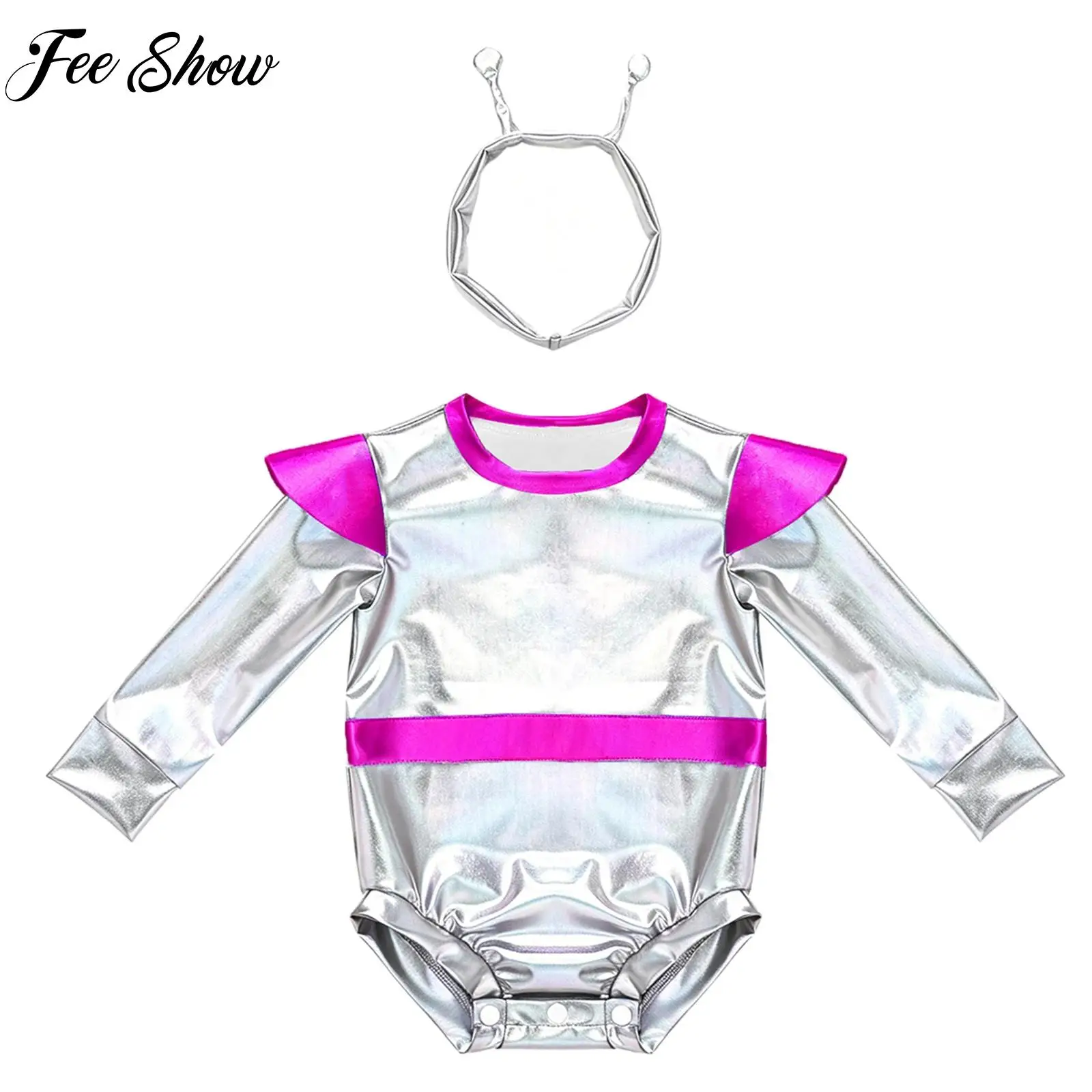 Toddler Boys Girls Metallic Alien Dress-up Jumpsuit Halloween Costume Cap Sleeve Zipper Shiny Romper for Photography Theme Party