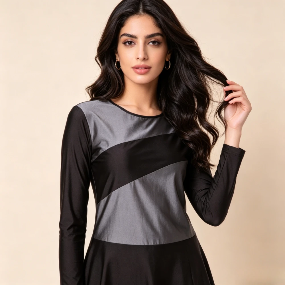 Women 3PCS Color Block Burkini Swimwear Diagonal Spliced Flared Hem Tunic Top Full Length Pants with Hijab  Muslim Bathing Suit