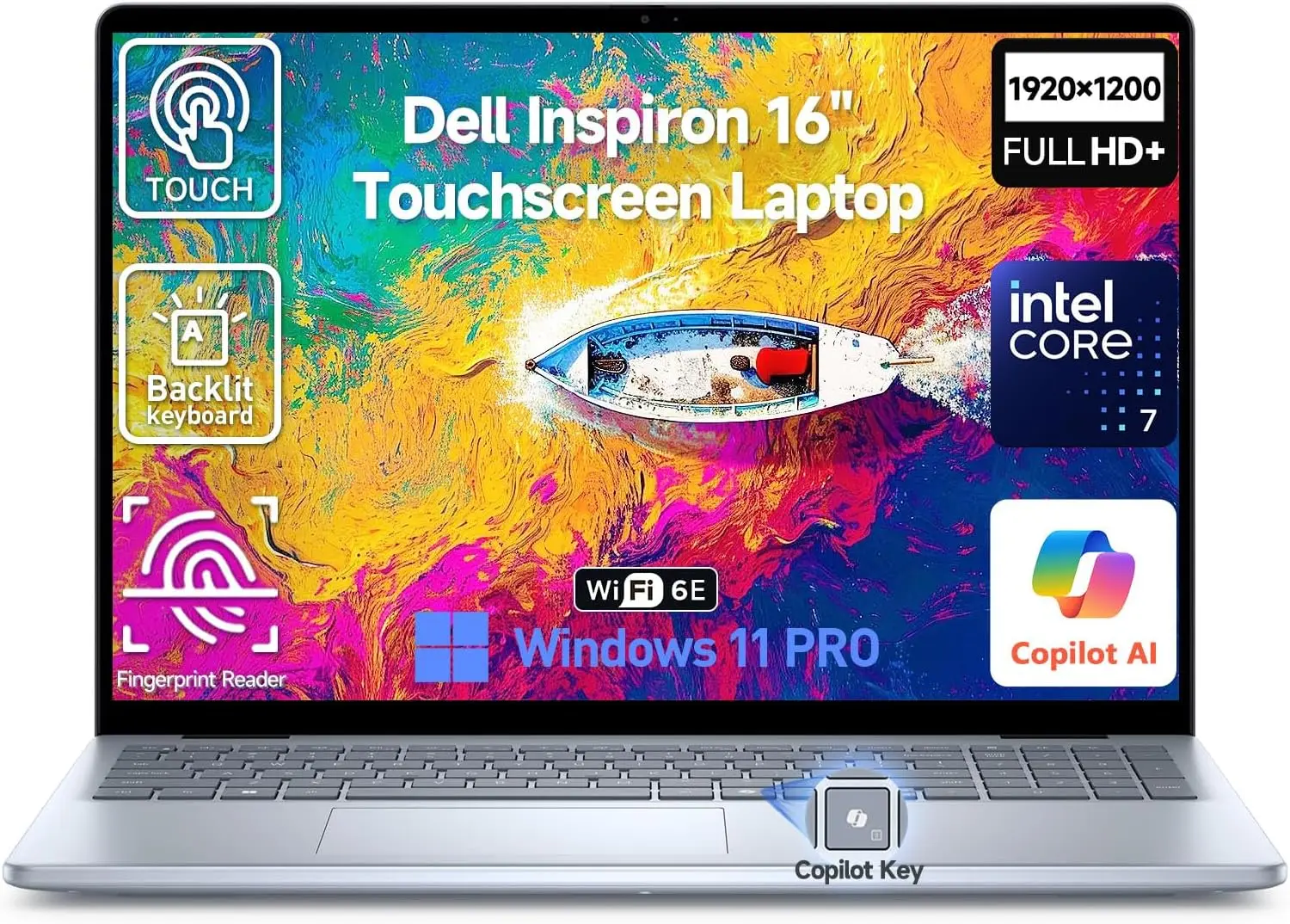 

Ноутбук Dell Inspiron 16 с сенсорным экраном, 16 дюймов, FHD+, Intel Core i7, 32 ГБ DDR5, 2 ТБ SSD, Windows 11 Pro, клавиатура с подсветкой