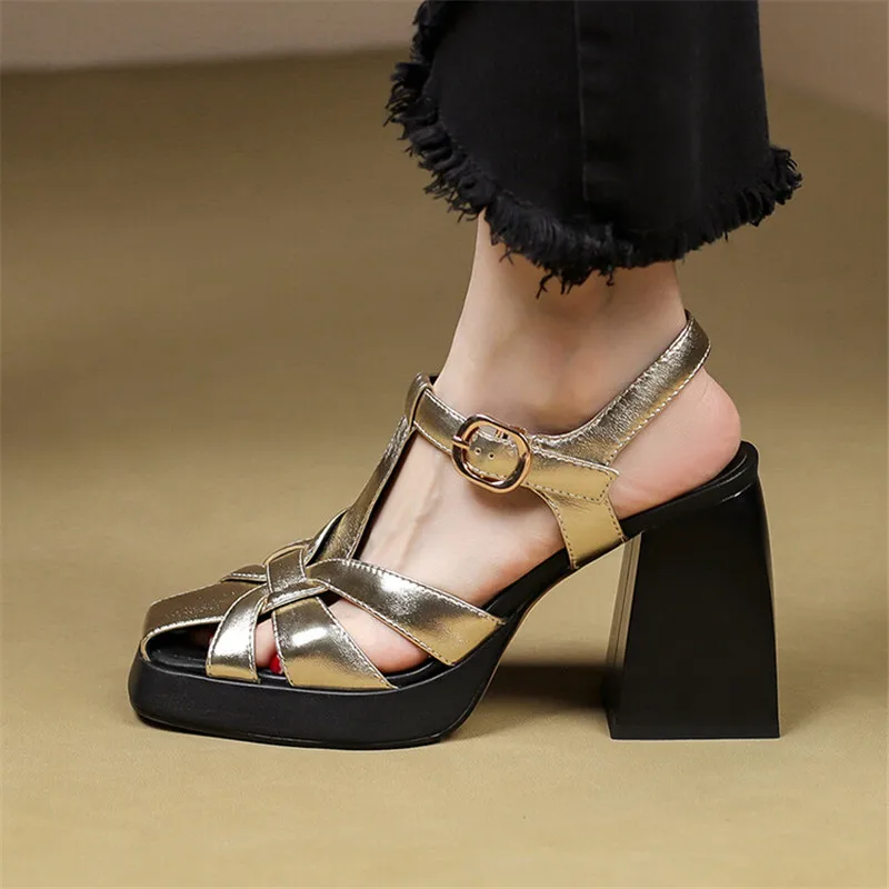 Summer Sandals Split Leather Women Shoes Square Toe High Heels Sandals for Women Handmade Fashion Roman Shoes Platform Sandals