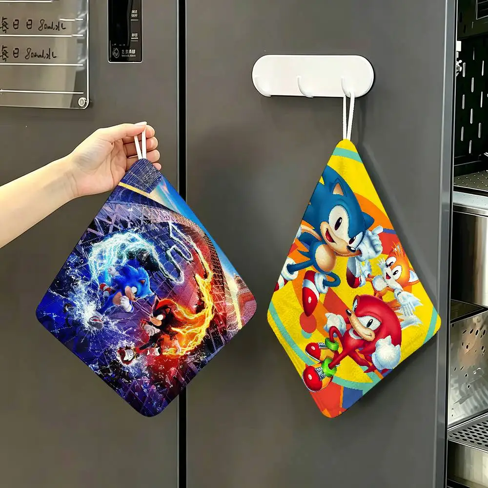 Anime S-SonicS H-HedgehogES Hanging Polyester Cotton Towel, Reusable Hand Wiping Cloth, Wear Resistant for Home Kitchen Sink
