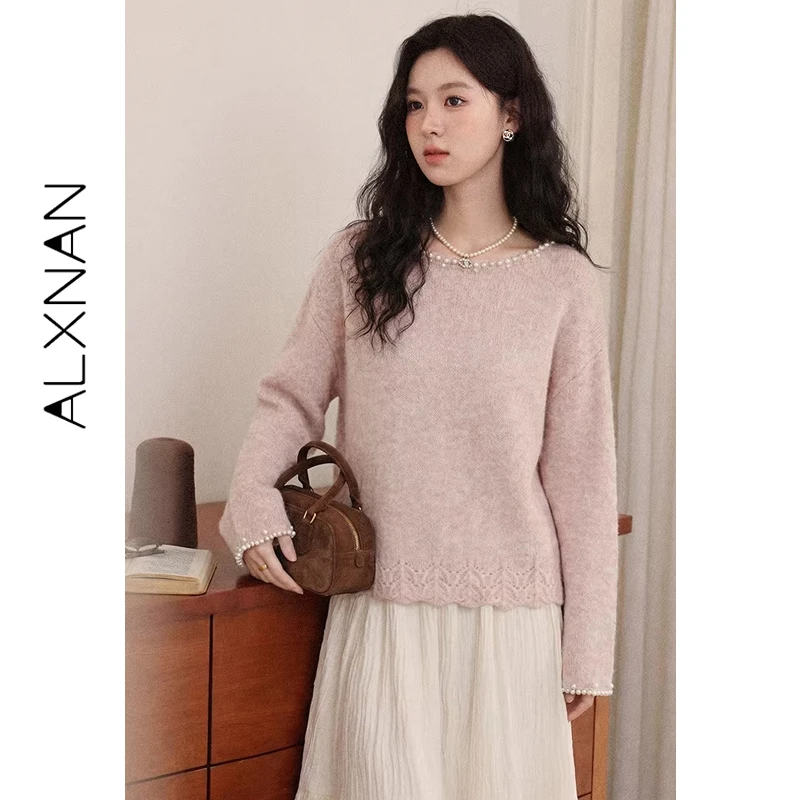 

ALXNAN Pink Women's Sweater Spring 2026 Elegant Beaded Design Loose-fit Casual Pullovers Long Sleeve Knit Tops Female DYL662545
