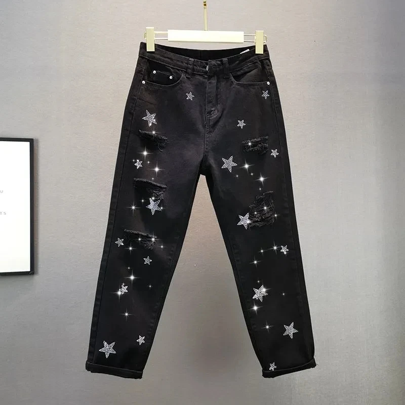White Jeans Women's Streetwear 2025 Summer New Loose Slimming star Studded Perforated Smoke pipe Pants Female Casual Denim Pants