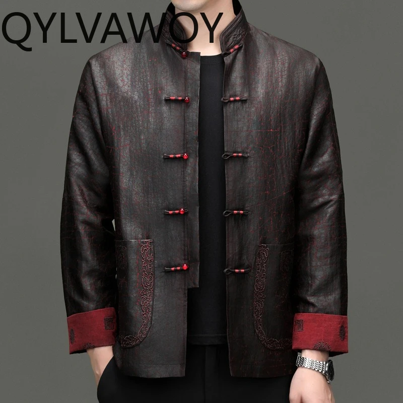 QYLVAWOY 100% Real Mulberry Silk Men's Shirts High-end Tops Long Sleeves Shirts Detachable Wool Liner Chinese Shirts for Man