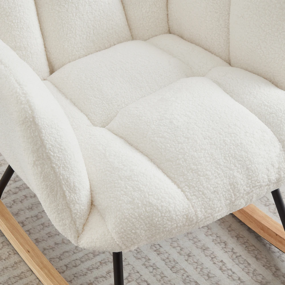 Chaise planeuse pour salon, chaise à bascule capitonnée et rembourrée en tissu Teddy avec cadre en métal, chaise d'appoint, blanc ivoire