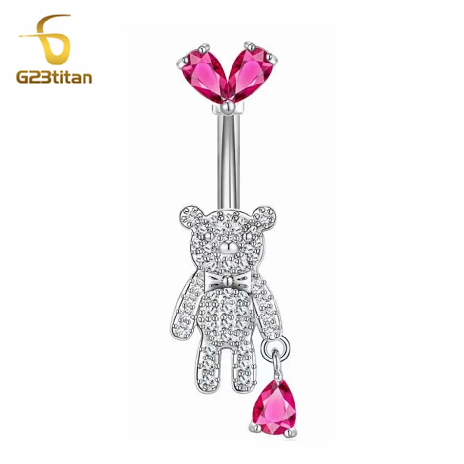 Y2K Pink Heart Bear Floating Navel Ring Bling CZ Animal Belly Piercing 14G Titanium Barbell Hottie Body Jewelry Beach Accessory