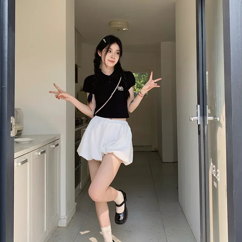 Shorts Women Mini Bloomers Cleanfit Pleated Preppy Style Baggy A-line Casual Elastic Waist All-match Gentle Sweet Girls Ulzzang