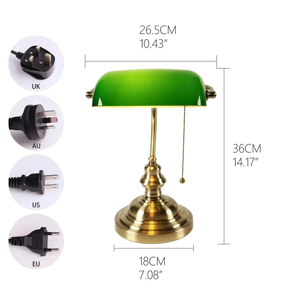 Desk Lamp Table Light Glass Banker‘s Lamp Zipper Switch for Bedroom Home Stuy Restaurant Library Office Light Night Lamp