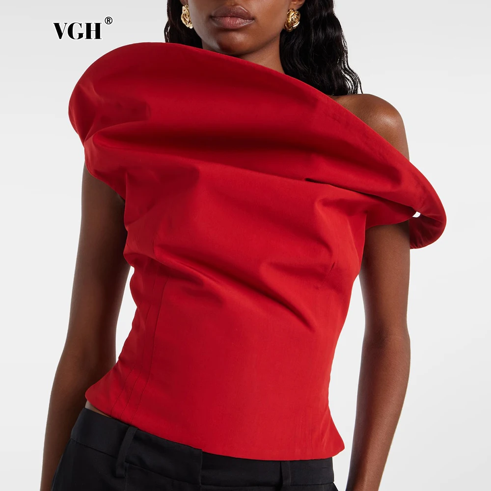 VGH American Hot Girl Style Solid Tank Tops for Women Diagonal Collar Off One Shoulder Slimming Streetwear Vest Female Summer