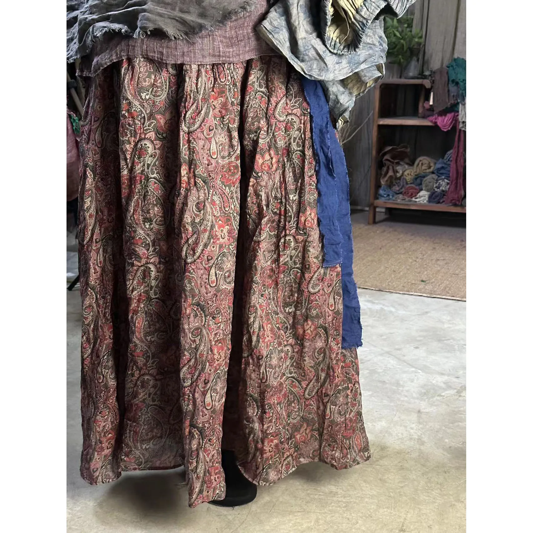 Floral Print Korean Style 2024 New Spring Ramie Vintage High Waist Loose Straight Women\'s Skirt Knee-Length for Female Falditas