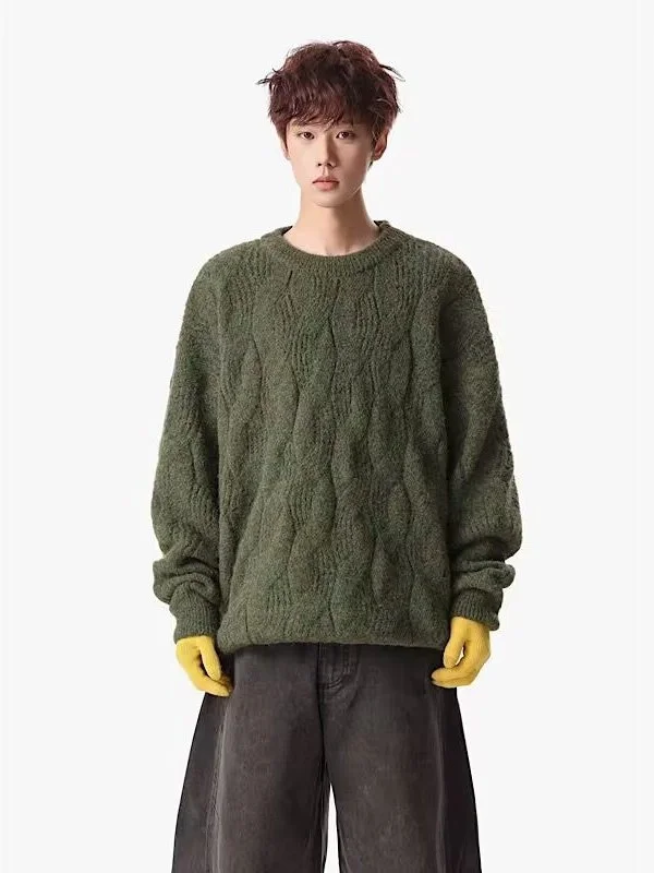 

Retro American Knitted Sweater Autumn Winter Loose round Ne ex een Knitwear Casual Long Sve Turtlene Couple's Sw...